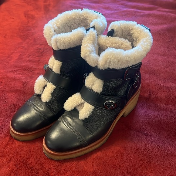 Coach Preston Black Leather Shearling Trim Moto Bootie Sz 7 - Picture 1 of 16